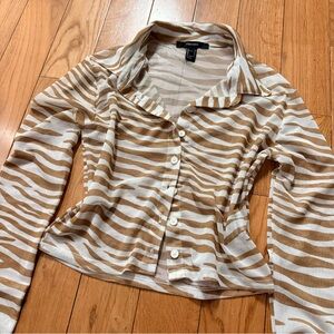 Forever 21 Mesh White and Tan Zebra Stripe Button Up Blouse